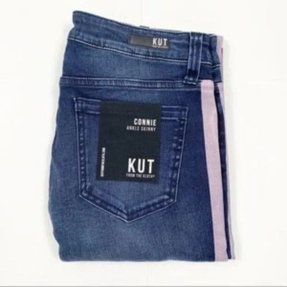 KUT from the Kloth Connie Ankle Skinny Jeans Blue W/ Pink Stripe Raw Hem Size 6